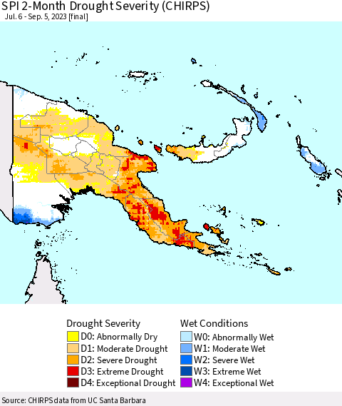 Papua New Guinea SPI 2-Month Drought Severity (CHIRPS) Thematic Map For 7/6/2023 - 9/5/2023
