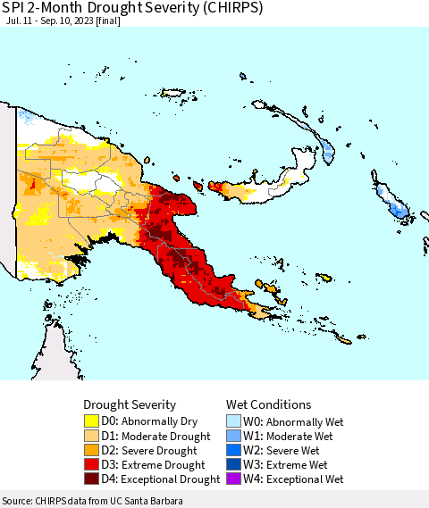 Papua New Guinea SPI 2-Month Drought Severity (CHIRPS) Thematic Map For 7/11/2023 - 9/10/2023