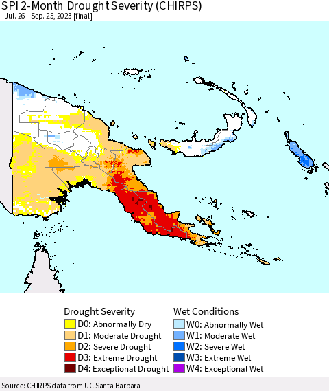 Papua New Guinea SPI 2-Month Drought Severity (CHIRPS) Thematic Map For 7/26/2023 - 9/25/2023