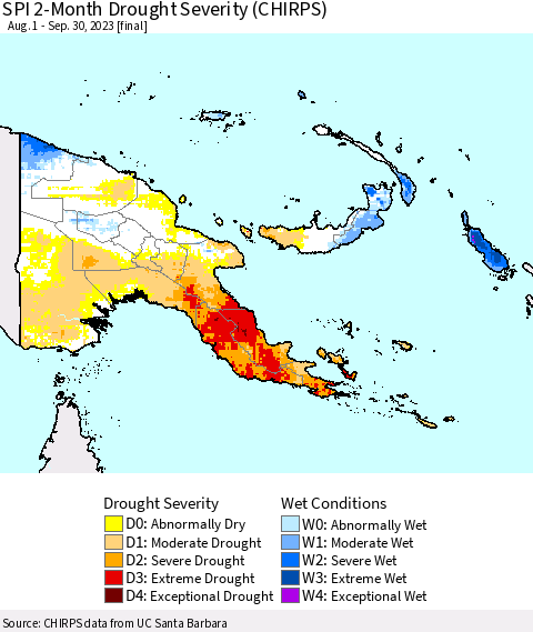 Papua New Guinea SPI 2-Month Drought Severity (CHIRPS) Thematic Map For 8/1/2023 - 9/30/2023