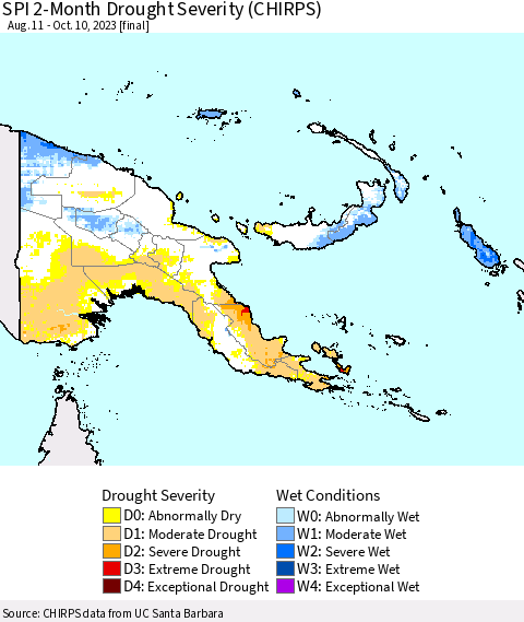 Papua New Guinea SPI 2-Month Drought Severity (CHIRPS) Thematic Map For 8/11/2023 - 10/10/2023