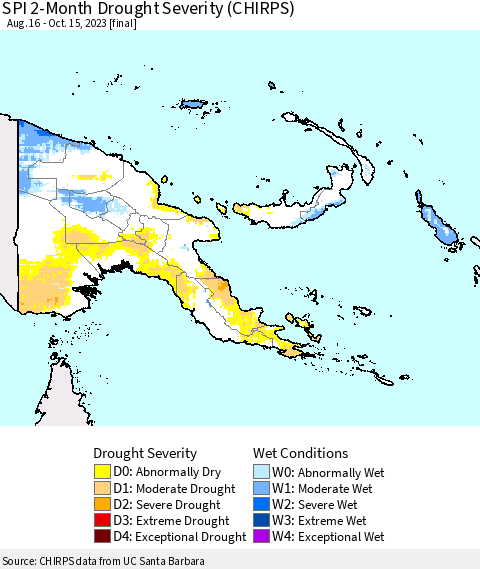 Papua New Guinea SPI 2-Month Drought Severity (CHIRPS) Thematic Map For 8/16/2023 - 10/15/2023