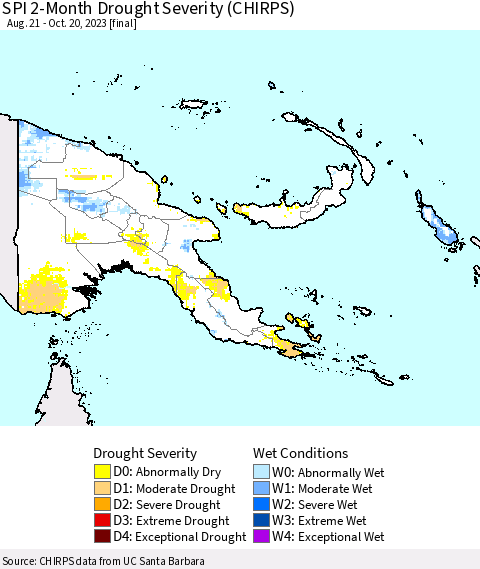 Papua New Guinea SPI 2-Month Drought Severity (CHIRPS) Thematic Map For 8/21/2023 - 10/20/2023