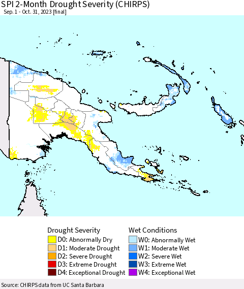 Papua New Guinea SPI 2-Month Drought Severity (CHIRPS) Thematic Map For 9/1/2023 - 10/31/2023