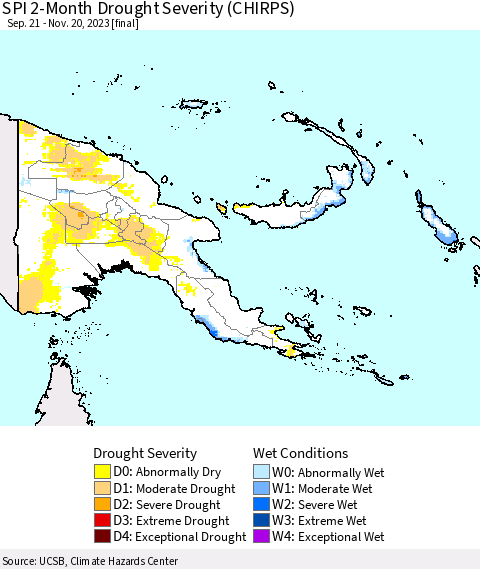 Papua New Guinea SPI 2-Month Drought Severity (CHIRPS) Thematic Map For 9/21/2023 - 11/20/2023