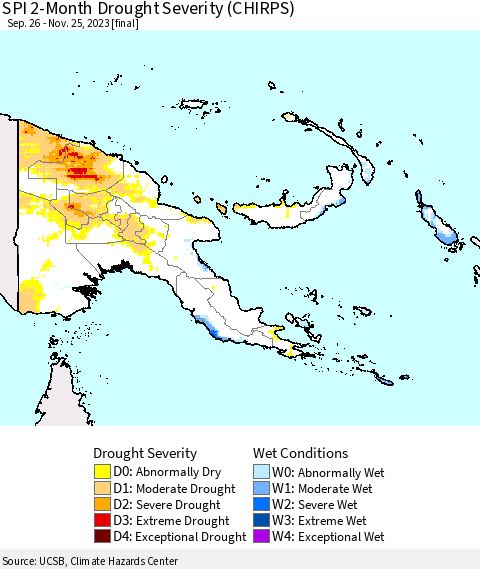 Papua New Guinea SPI 2-Month Drought Severity (CHIRPS) Thematic Map For 9/26/2023 - 11/25/2023
