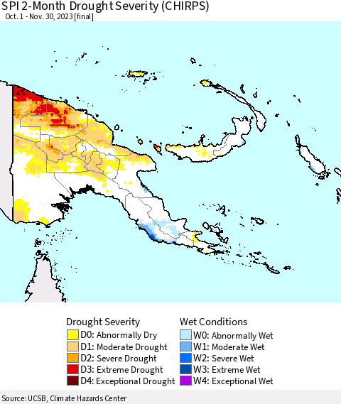 Papua New Guinea SPI 2-Month Drought Severity (CHIRPS) Thematic Map For 10/1/2023 - 11/30/2023