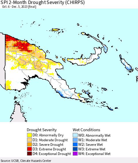 Papua New Guinea SPI 2-Month Drought Severity (CHIRPS) Thematic Map For 10/6/2023 - 12/5/2023