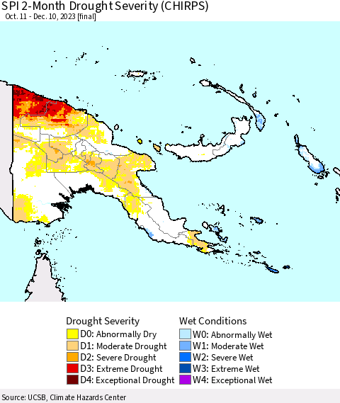 Papua New Guinea SPI 2-Month Drought Severity (CHIRPS) Thematic Map For 10/11/2023 - 12/10/2023