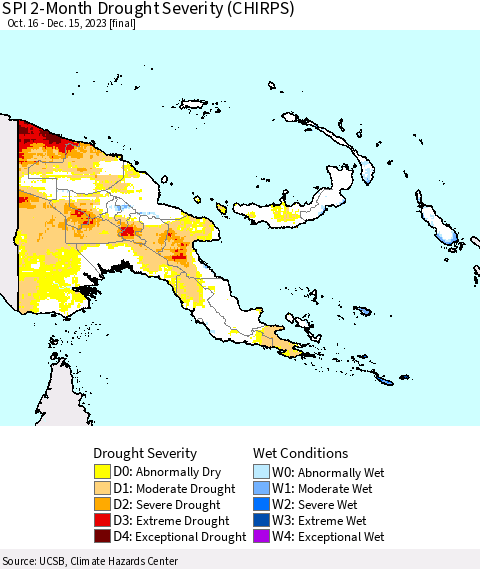Papua New Guinea SPI 2-Month Drought Severity (CHIRPS) Thematic Map For 10/16/2023 - 12/15/2023