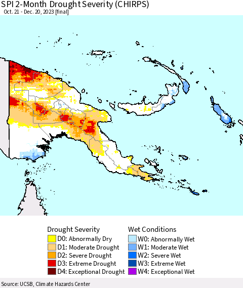 Papua New Guinea SPI 2-Month Drought Severity (CHIRPS) Thematic Map For 10/21/2023 - 12/20/2023