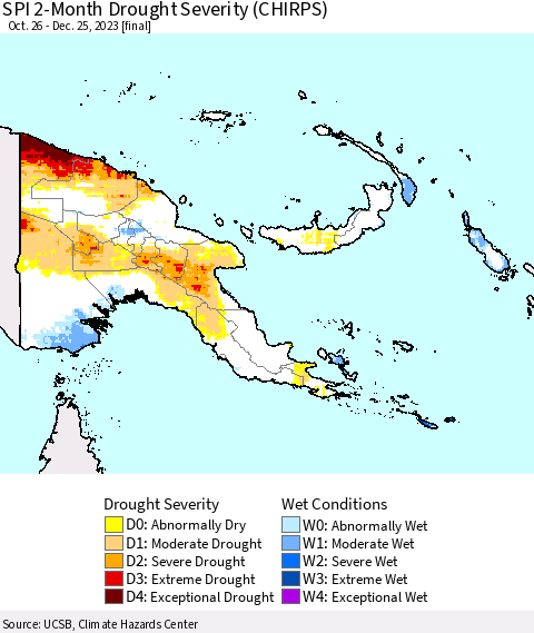 Papua New Guinea SPI 2-Month Drought Severity (CHIRPS) Thematic Map For 10/26/2023 - 12/25/2023