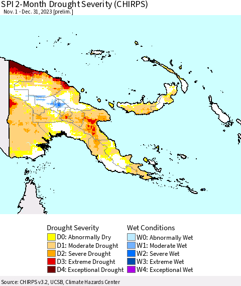 Papua New Guinea SPI 2-Month Drought Severity (CHIRPS) Thematic Map For 11/1/2023 - 12/31/2023