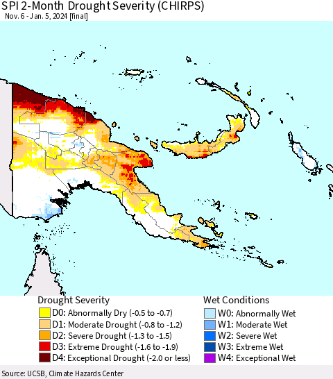 Papua New Guinea SPI 2-Month Drought Severity (CHIRPS) Thematic Map For 11/6/2023 - 1/5/2024