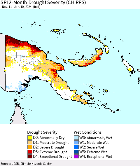 Papua New Guinea SPI 2-Month Drought Severity (CHIRPS) Thematic Map For 11/11/2023 - 1/10/2024
