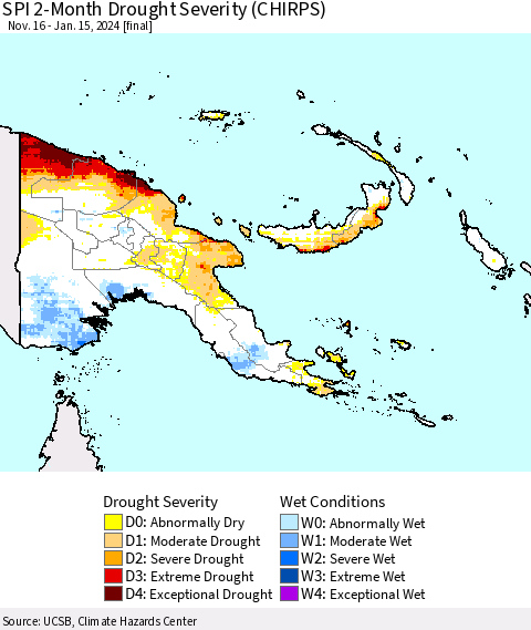 Papua New Guinea SPI 2-Month Drought Severity (CHIRPS) Thematic Map For 11/16/2023 - 1/15/2024