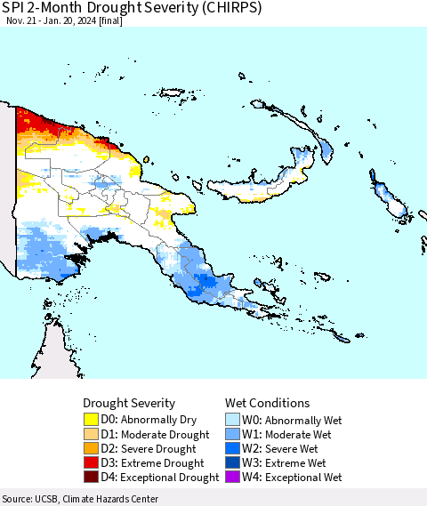 Papua New Guinea SPI 2-Month Drought Severity (CHIRPS) Thematic Map For 11/21/2023 - 1/20/2024