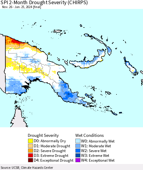 Papua New Guinea SPI 2-Month Drought Severity (CHIRPS) Thematic Map For 11/26/2023 - 1/25/2024