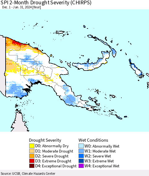 Papua New Guinea SPI 2-Month Drought Severity (CHIRPS) Thematic Map For 12/1/2023 - 1/31/2024