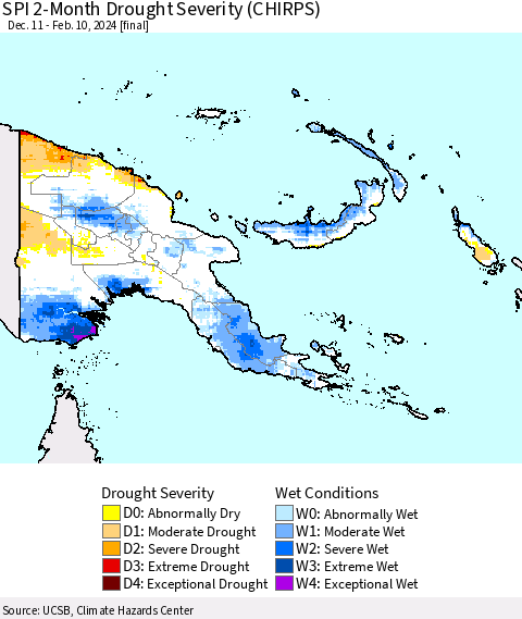 Papua New Guinea SPI 2-Month Drought Severity (CHIRPS) Thematic Map For 12/11/2023 - 2/10/2024