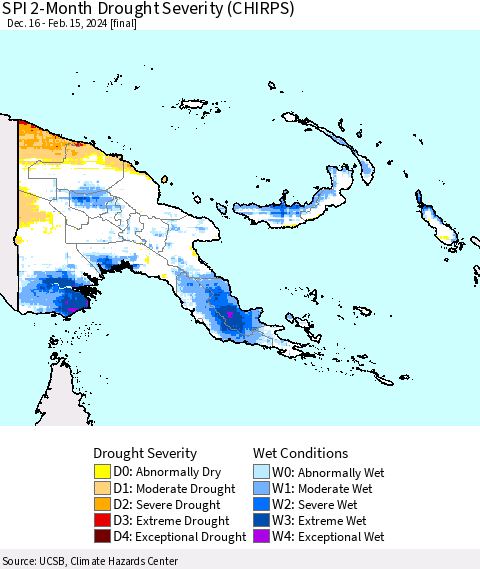 Papua New Guinea SPI 2-Month Drought Severity (CHIRPS) Thematic Map For 12/16/2023 - 2/15/2024