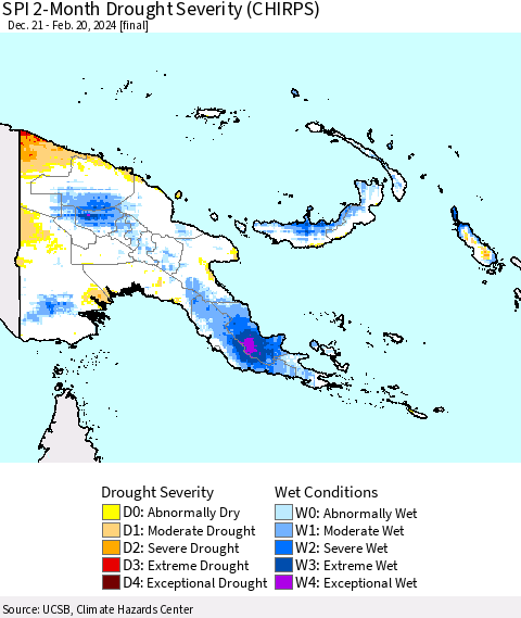 Papua New Guinea SPI 2-Month Drought Severity (CHIRPS) Thematic Map For 12/21/2023 - 2/20/2024