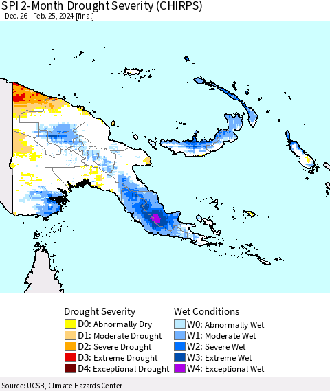 Papua New Guinea SPI 2-Month Drought Severity (CHIRPS) Thematic Map For 12/26/2023 - 2/25/2024