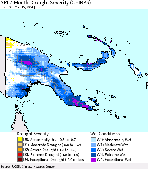 Papua New Guinea SPI 2-Month Drought Severity (CHIRPS) Thematic Map For 1/16/2024 - 3/15/2024