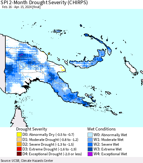 Papua New Guinea SPI 2-Month Drought Severity (CHIRPS) Thematic Map For 2/16/2024 - 4/15/2024