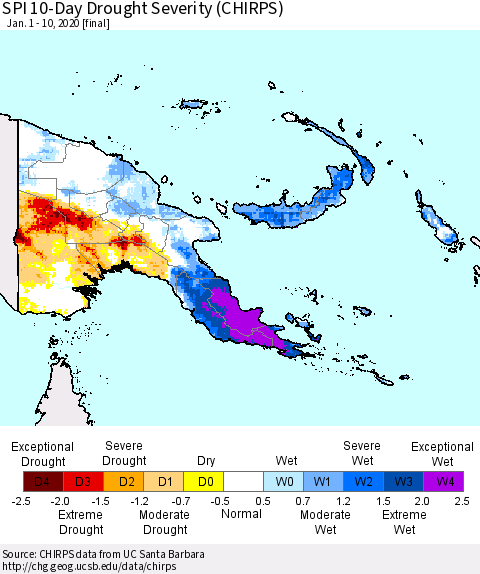 Papua New Guinea SPI 10-Day Drought Severity (CHIRPS) Thematic Map For 1/1/2020 - 1/10/2020