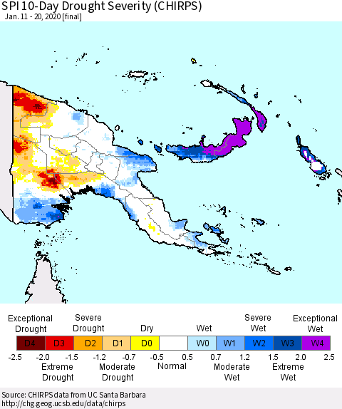 Papua New Guinea SPI 10-Day Drought Severity (CHIRPS) Thematic Map For 1/11/2020 - 1/20/2020