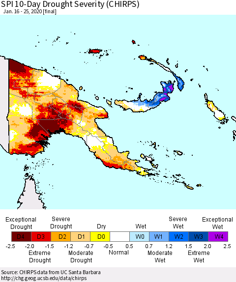 Papua New Guinea SPI 10-Day Drought Severity (CHIRPS) Thematic Map For 1/16/2020 - 1/25/2020