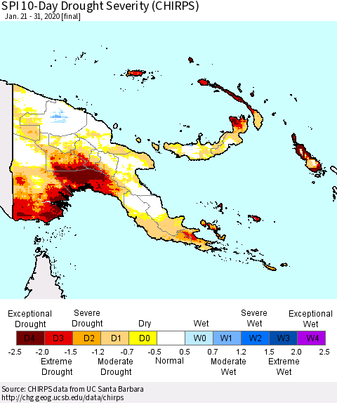 Papua New Guinea SPI 10-Day Drought Severity (CHIRPS) Thematic Map For 1/21/2020 - 1/31/2020