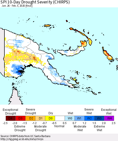 Papua New Guinea SPI 10-Day Drought Severity (CHIRPS) Thematic Map For 1/26/2020 - 2/5/2020