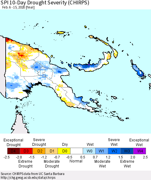 Papua New Guinea SPI 10-Day Drought Severity (CHIRPS) Thematic Map For 2/6/2020 - 2/15/2020