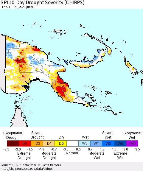 Papua New Guinea SPI 10-Day Drought Severity (CHIRPS) Thematic Map For 2/11/2020 - 2/20/2020