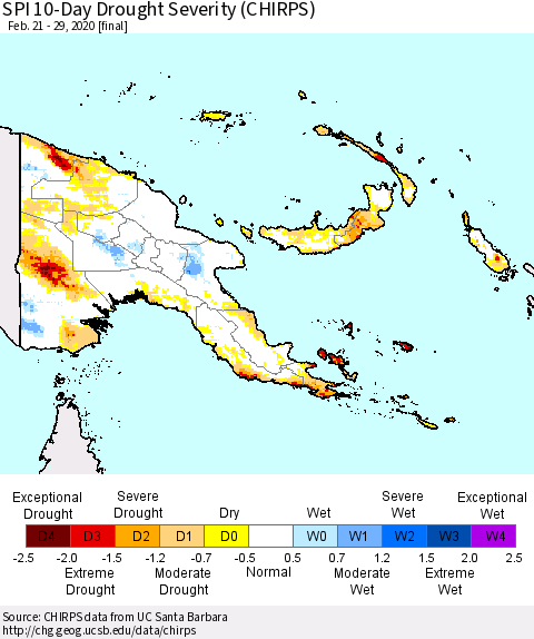 Papua New Guinea SPI 10-Day Drought Severity (CHIRPS) Thematic Map For 2/21/2020 - 2/29/2020