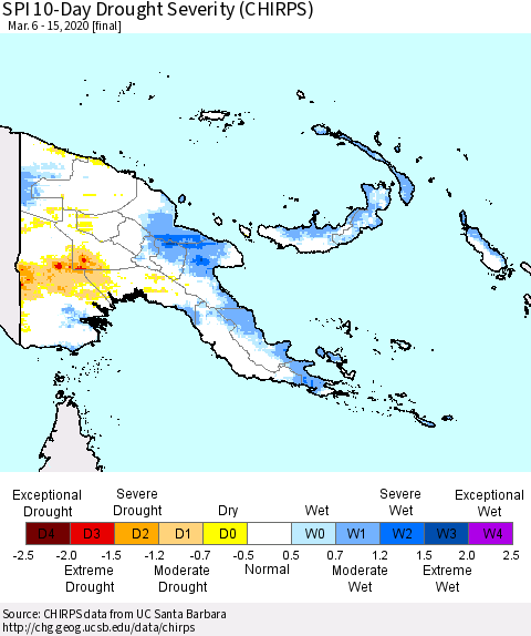Papua New Guinea SPI 10-Day Drought Severity (CHIRPS) Thematic Map For 3/6/2020 - 3/15/2020
