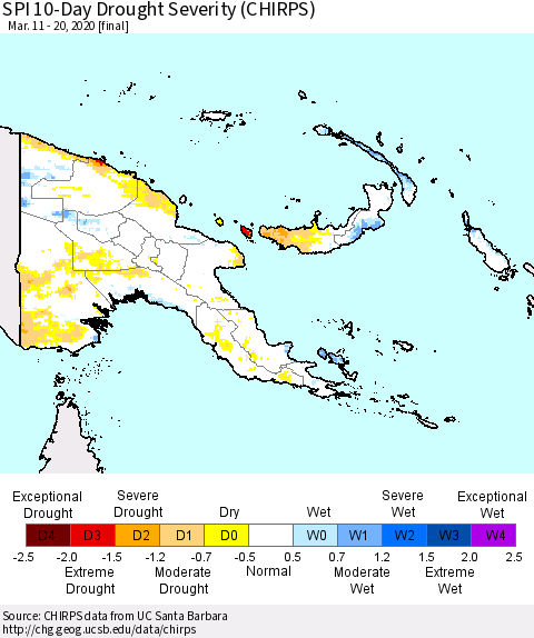 Papua New Guinea SPI 10-Day Drought Severity (CHIRPS) Thematic Map For 3/11/2020 - 3/20/2020