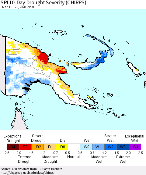 Papua New Guinea SPI 10-Day Drought Severity (CHIRPS) Thematic Map For 3/16/2020 - 3/25/2020