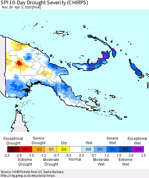 Papua New Guinea SPI 10-Day Drought Severity (CHIRPS) Thematic Map For 3/26/2020 - 4/5/2020