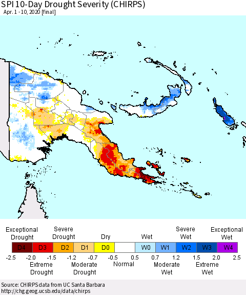 Papua New Guinea SPI 10-Day Drought Severity (CHIRPS) Thematic Map For 4/1/2020 - 4/10/2020