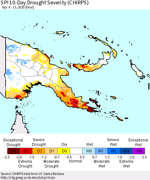 Papua New Guinea SPI 10-Day Drought Severity (CHIRPS) Thematic Map For 4/6/2020 - 4/15/2020