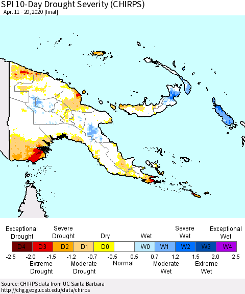 Papua New Guinea SPI 10-Day Drought Severity (CHIRPS) Thematic Map For 4/11/2020 - 4/20/2020