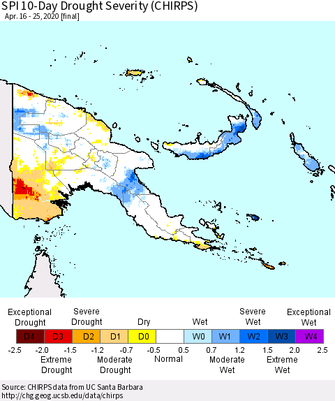 Papua New Guinea SPI 10-Day Drought Severity (CHIRPS) Thematic Map For 4/16/2020 - 4/25/2020