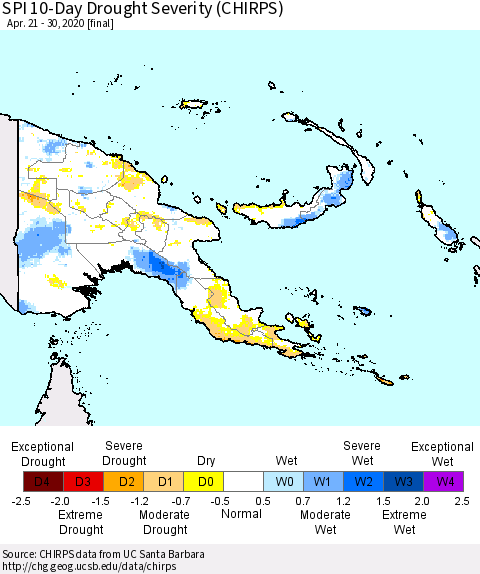 Papua New Guinea SPI 10-Day Drought Severity (CHIRPS) Thematic Map For 4/21/2020 - 4/30/2020