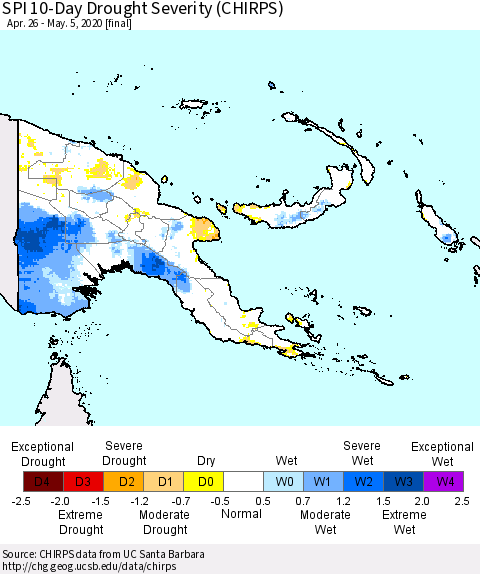 Papua New Guinea SPI 10-Day Drought Severity (CHIRPS) Thematic Map For 4/26/2020 - 5/5/2020