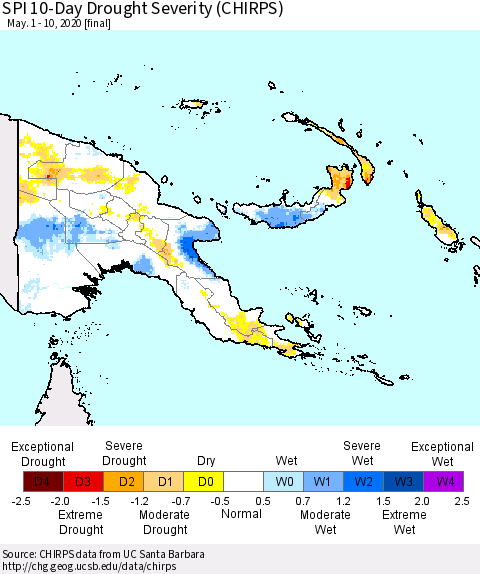 Papua New Guinea SPI 10-Day Drought Severity (CHIRPS) Thematic Map For 5/1/2020 - 5/10/2020