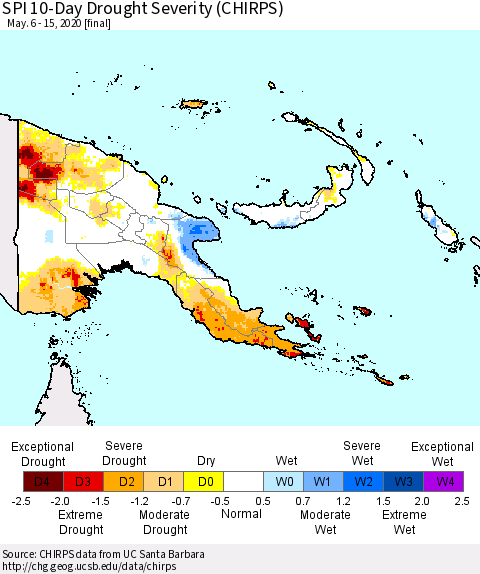 Papua New Guinea SPI 10-Day Drought Severity (CHIRPS) Thematic Map For 5/6/2020 - 5/15/2020