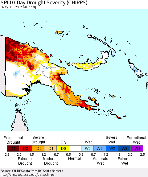 Papua New Guinea SPI 10-Day Drought Severity (CHIRPS) Thematic Map For 5/11/2020 - 5/20/2020
